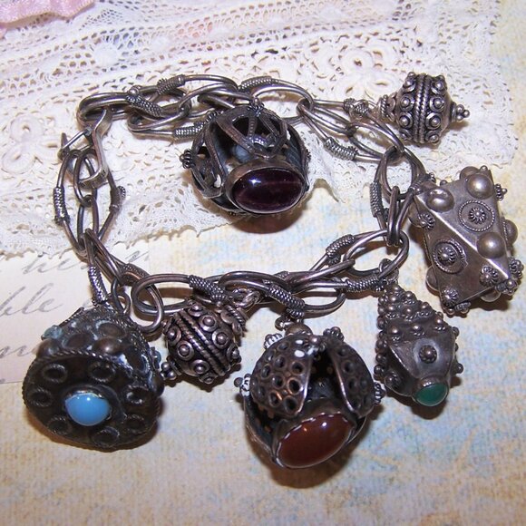 Made in Italy Italian 800 Silver Charm Bracelet - 7 Etruscan Revival Fob Charms - Picture 3 of 8